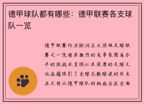 德甲球队都有哪些：德甲联赛各支球队一览